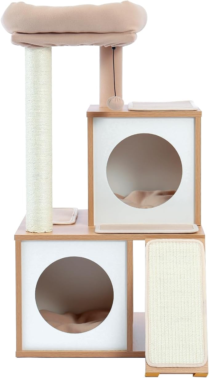 Moderner Kratzbaum aus Holz – Doppelte Katzenhöhlen und große Liegefläche