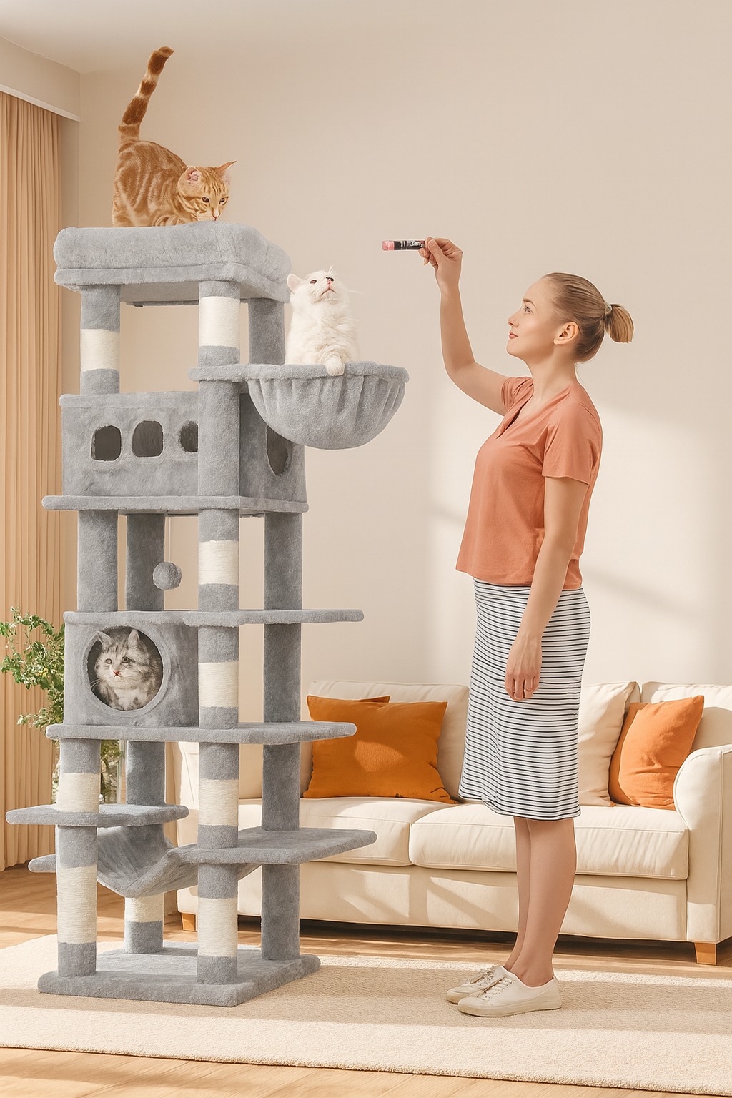 XXL Kratzbaum 170 cm für große Katzen – Stabiler Kletterturm mit mehreren Ebenen und waschbaren Matten