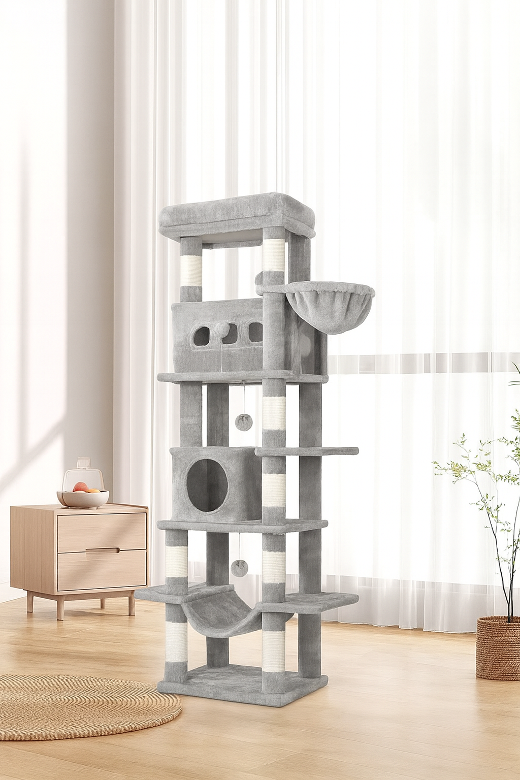XXL Kratzbaum 170 cm für große Katzen – Stabiler Kletterturm mit mehreren Ebenen und waschbaren Matten
