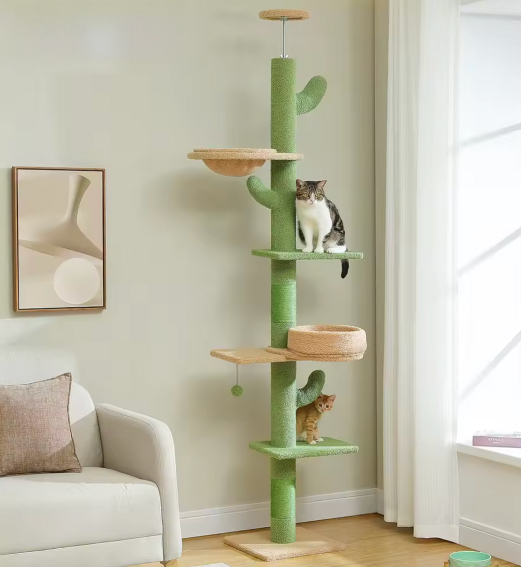 Kaktus-Kratzbaum für mehrere Katzen – Verstellbarer Boden-Decken-Kratzbaum mit 5 Ebenen