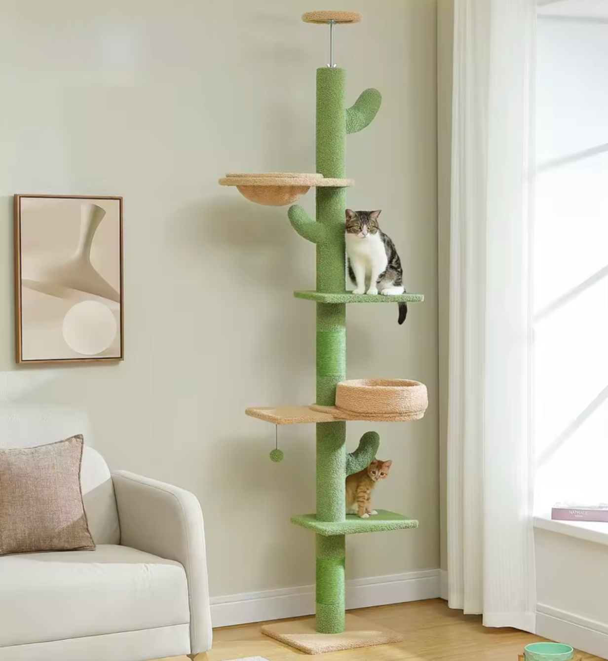Kaktus-Kratzbaum für mehrere Katzen – Verstellbarer Boden-Decken-Kratzbaum mit 5 Ebenen