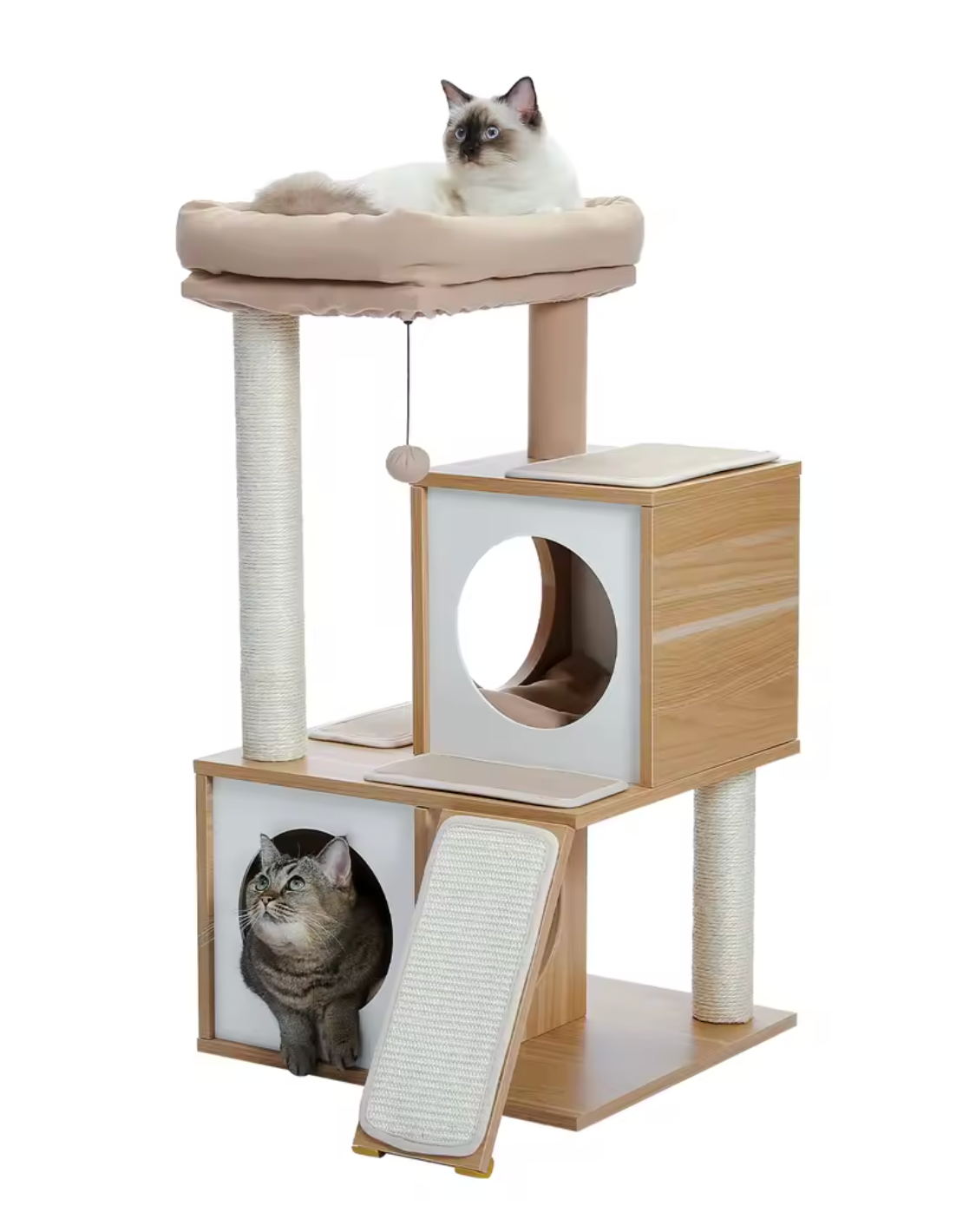 Moderner Kratzbaum aus Holz – Doppelte Katzenhöhlen und große Liegefläche