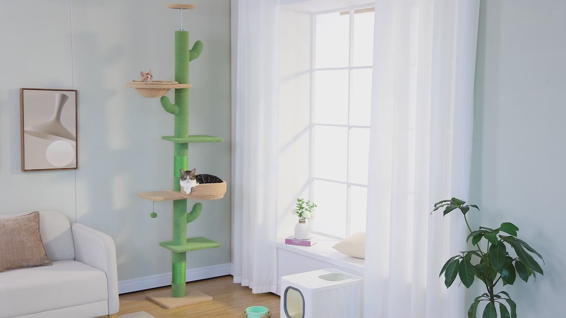 Kaktus-Kratzbaum für mehrere Katzen – Verstellbarer Boden-Decken-Kratzbaum mit 5 Ebenen